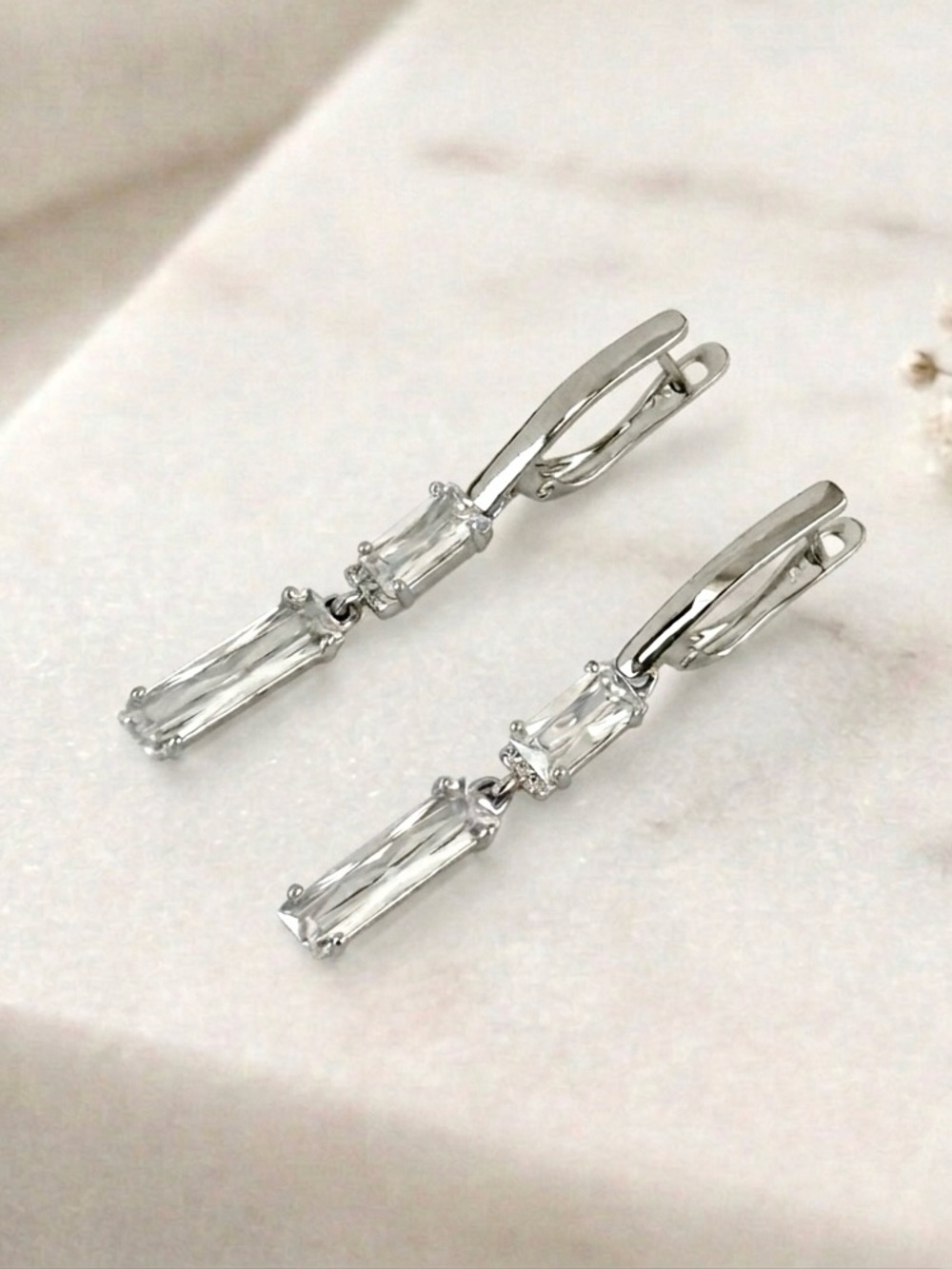 White Gold Plated Baguette Cut CZ Dangle Drop Earrings | Dainty Elegant Jewelry